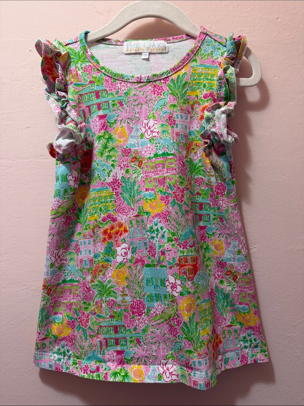 The Oakes Girls' Pink Floral Ruffle Sleeve Dress 2T